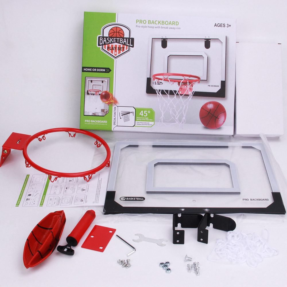 Indoor mini basketball hoop with one 14cm ball Folds flat for door mounting Spring-loaded action with detachable basket Transparent backboard Fun for children and adults in home offices 1 Indoor mini basketball hoop with one 14cm ball Folds flat for door mounting Spring-loaded action with detachable basket Transparent backboard Fun for children and adults in home offices