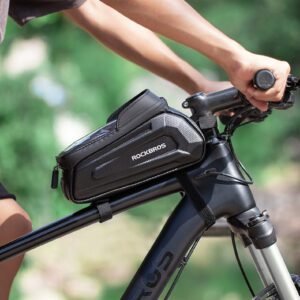 ROCKBROS Hard Shell Bike Top Tube Bag – Waterproof Cycling Frame Pouch with TPU Touchscreen Phone Holder & Sun Visor – 1.7L Large Capacity for MTB & Road Bikes – Black