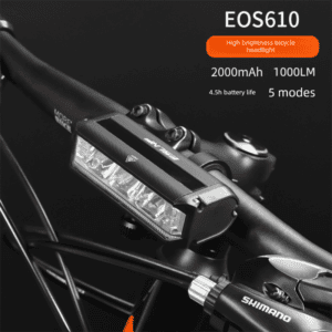 EOS610 1000 Lumen Anti-Glare Bike Light with Single Bracket Mount – USB Rechargeable LED Headlight 2000mAh – Waterproof Aluminium Horizontal Front Lamp for MTB & Road