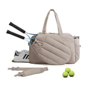 42L Khaki Tennis & Pickleball Expandable Tote Bag wIth Shoe-Zone & Bottle Side Pocket – Waterproof Gym Bag for Racquets & Paddles