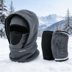 Windproof Thermal Rider Protection Set – 2 Pack Faux Rabbit Fur Knee Braces & Grey Fleece Balaclava Hood Outdoor Sports Warmth Bundle