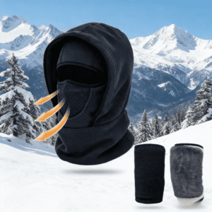 Windproof Thermal Rider Protection Set – 2 Pack Faux Rabbit Fur Knee Braces & Dark Blue Fleece Balaclava Hood Outdoor Sports Warmth Bundle