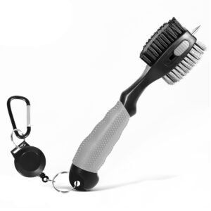 Grey Premium Golf Club Cleaning Brush Extra Large Head Dual Bristles Retractable Zip Line & Groove Cleaner Spike Anti-Slip Ergonomic Grip 29cm