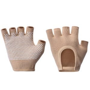 Beige 2-Pack Women’s Non-Slip Yoga Gloves – Open Back Half Finger Cotton Stretchy Grip Gloves for Aerial Yoga, Pilates, and Fitness