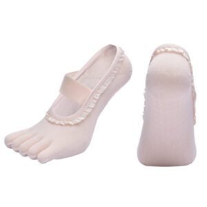 Beige 2pcs Women’s 5-Finger Ballet Style Yoga Socks – Non-Slip Grip Pilates & Dance Socks with Elegant Lace Trim and Elastic Cross Strap