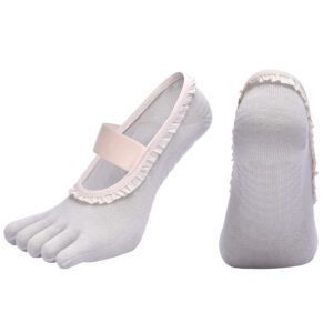 Grey 2pcs Women’s 5-Finger Ballet Style Yoga Socks – Non-Slip Grip Pilates & Dance Socks with Elegant Lace Trim and Elastic Cross Strap