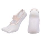 White 2pcs Women’s 5-Finger Ballet Style Yoga Socks – Non-Slip Grip Pilates & Dance Socks with Elegant Lace Trim and Elastic Cross Strap