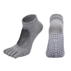 Light Grey 3-Pack Women’s Non-Slip Five-Finger Yoga Socks – Open Back Combed Cotton Pilates & Fitness Grip Socks for Professional Exercise