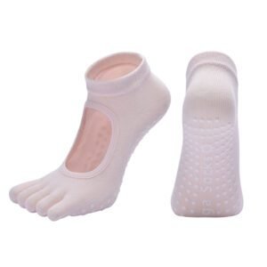 Pink 3-Pack Women’s Non-Slip Five-Finger Yoga Socks – Open Back Combed Cotton Pilates & Fitness Grip Socks for Professional Exercise
