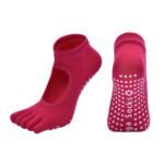 Rose Red 3-Pack Women’s Non-Slip Five-Finger Yoga Socks – Open Back Combed Cotton Pilates & Fitness Grip Socks for Professional Exercise