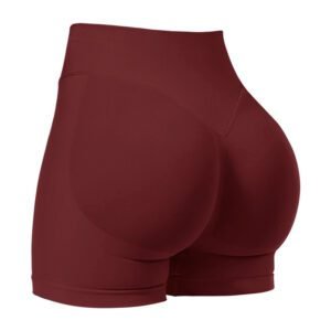 XL Wine Red High-Elastic Hip Yoga Shorts – Seamless Mid-Intensity Pilates Workout Shorts