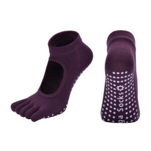 Purple 3-Pack Women’s Non-Slip Five-Finger Yoga Socks – Open Back Combed Cotton Pilates & Fitness Grip Socks for Professional Exercise