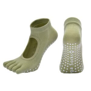 Green 3-Pack Women’s Non-Slip Five-Finger Yoga Socks – Open Back Combed Cotton Pilates & Fitness Grip Socks for Professional Exercise