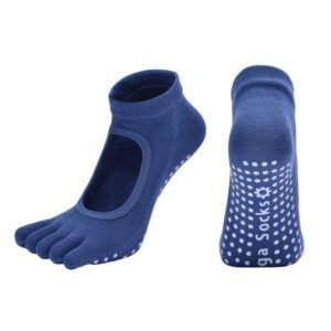 Dark Blue 3-Pack Women’s Non-Slip Five-Finger Yoga Socks – Open Back Combed Cotton Pilates & Fitness Grip Socks for Professional Exercise