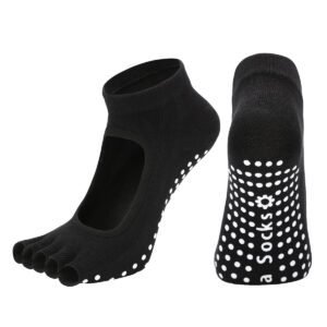 Black 3-Pack Women’s Non-Slip Five-Finger Yoga Socks – Open Back Combed Cotton Pilates & Fitness Grip Socks for Professional Exercise