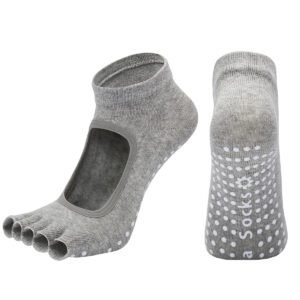 Light Grey 3-Pack Women’s Non-Slip Five-Finger Yoga Socks – Open Back Combed Cotton Pilates & Fitness Grip Socks for Professional Exercise
