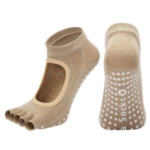 Beige 3-Pack Women’s Non-Slip Five-Finger Yoga Socks – Open Back Combed Cotton Pilates & Fitness Grip Socks for Professional Exercise