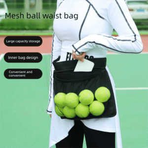 Black Mesh Ball Waist Bag – Large Capacity Portable Pickleball & Tennis Ball Carrier with Adjustable Belt & Inner Pocket – Lightweight Sports Storage Pouch for Training & Outdoor Play