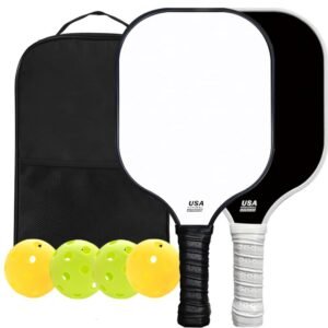 Black and White Fiberglass Pickleball Paddle Set – 2 Minimalist Paddles, 4 Balls, and Carry Bag for Outdoor Play