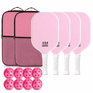 Pink Fiberglass Pickleball Paddle Set – 4 Minimalist Paddles, 8 Balls, and 2 Carry Bags for Outdoor Play