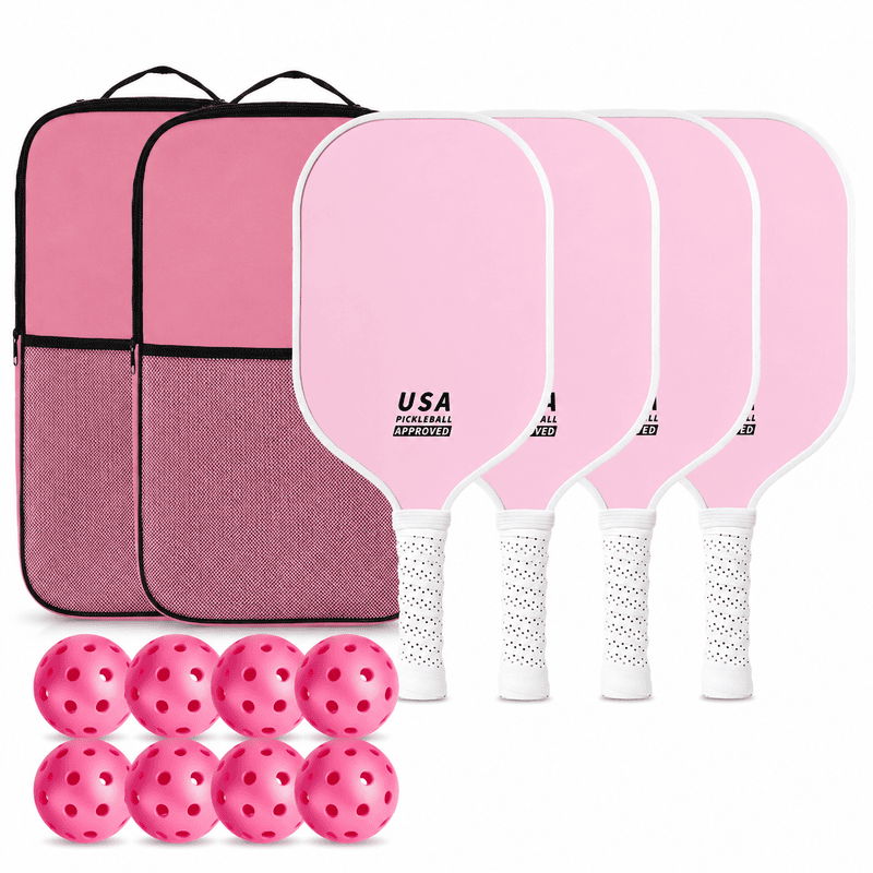 Pink Fiberglass Pickleball Paddle Set - 4 Minimalist Paddles, 8 Balls, and 2 Carry Bags for Outdoor Play 1 Pink Fiberglass Pickleball Paddle Set – 4 Minimalist Paddles, 8 Balls, and 2 Carry Bags for Outdoor Play