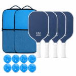 Dark Blue Fiberglass Pickleball Paddle Set – 4 Minimalist Paddles, 8 Balls, and 2 Carry Bags for Outdoor Play