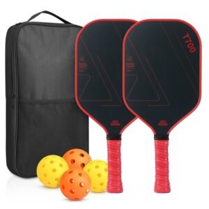 Red and Black T700 Carbon Fiber Pickleball Paddle Set – 16mm Textured Matte Finish with Oxford Carry Bag & PE Balls