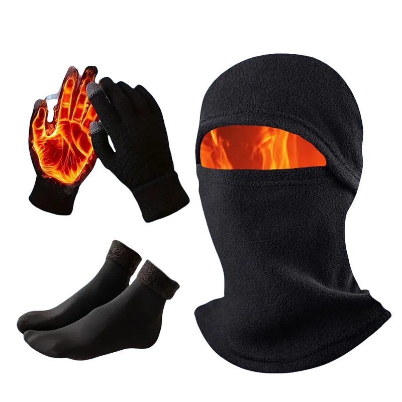 3-in-1 Black Winter Windproof and Thermal Sport Gear - Fleece Balaclava Hood, Touchscreen Gloves & Insulated Socks 1 3-in-1 Black Winter Windproof and Thermal Sport Gear – Fleece Balaclava Hood, Touchscreen Gloves & Insulated Socks
