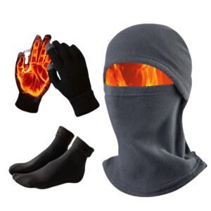 3-in-1 Grey Winter Windproof and Thermal Sport Gear – Fleece Balaclava Hood, Touchscreen Gloves & Insulated Socks