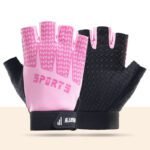Black and Pink Breathable Half-Finger Cycling Gloves for Kids – Non-Slip Silicone Grip, Ice Silk & Shock-Absorbing Sports Mitts (M Size)