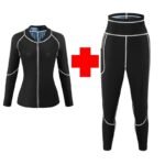 XL Size Black and Blue Women’s Workout Sauna Sweat Suit Set: Long Sleeve & Leggings – High Elasticity Compression Shapewear for Weight Loss & Yoga