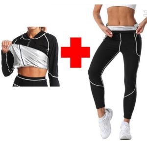 3XL Size Black and Silver Women’s Workout Sauna Sweat Suit Set: Long Sleeve & Leggings – High Elasticity Compression Shapewear for Weight Loss & Yoga