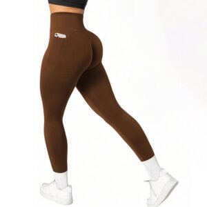 M Size Coffee Breathable High-Waist Ruched Butt-Lift Yoga Leggings – Dual Pockets & No Front T – LineNaked-Feel Performance Tights for Gym, Running & Pilates