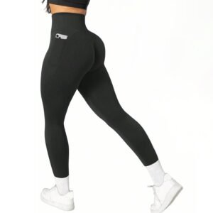 L Size Black Breathable High-Waist Ruched Butt-Lift Yoga Leggings – Dual Pockets & No Front T – LineNaked-Feel Performance Tights for Gym, Running & Pilates