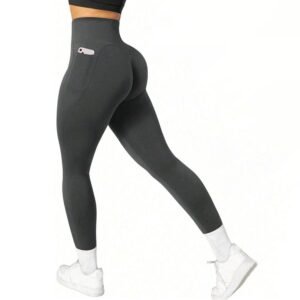 L Size Dark Grey Breathable High-Waist Ruched Butt-Lift Yoga Leggings – Dual Pockets & No Front T – LineNaked-Feel Performance Tights for Gym, Running & Pilates