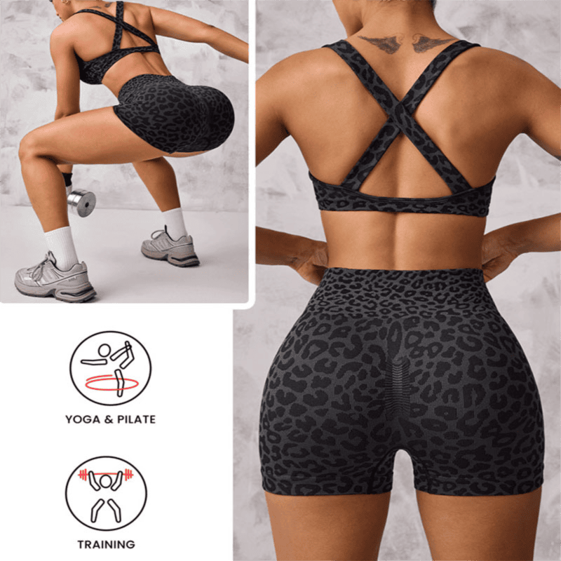 Leopard Print Yoga Set - Twist Front Sports Bra with Criss Cross Back and High Waisted Butt Lifting Shorts(Size:L) 3 Leopard Print Yoga Set – Twist Front Sports Bra with Criss Cross Back and High Waisted Butt Lifting Shorts(Size:L) - image 3