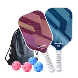 Fantasy Purple and Blue Striped Fiberglass Pickleball Paddle Set – 4 Balls & 2 Lightweight Shock-Absorbing Rackets with Versatile Carry Bag for Outdoor Play