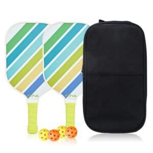 White + Blue + Green Striped Fiberglass Pickleball Paddle Set – 2 Ultra Lightweight Pickleball Rackets + 4 Balls + Carry Bag for Outdoor Play – Large Sweet Spot, Shock-Absorbing Silicone Grip and TPU Edge Guard