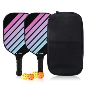 Black + Purple + Blue Striped Fiberglass Pickleball Paddle Set – 2 Ultra Lightweight Pickleball Rackets + 4 Balls + Carry Bag for Outdoor Play – Large Sweet Spot, Shock-Absorbing Silicone Grip and TPU Edge Guard