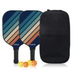 Black + Blue + Yellow Striped Fiberglass Pickleball Paddle Set – 2 Ultra Lightweight Pickleball Rackets + 4 Balls + Carry Bag for Outdoor Play – Large Sweet Spot, Shock-Absorbing Silicone Grip and TPU Edge Guard