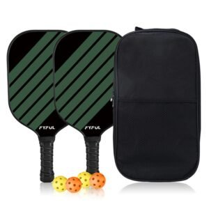 Black + Green Striped Fiberglass Pickleball Paddle Set – 2 Ultra Lightweight Pickleball Rackets + 4 Balls + Carry Bag for Outdoor Play – Large Sweet Spot, Shock-Absorbing Silicone Grip and TPU Edge Guard