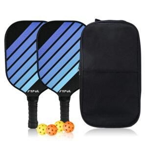 Black + Blue Striped Fiberglass Pickleball Paddle Set – 2 Ultra Lightweight Pickleball Rackets + 4 Balls + Carry Bag for Outdoor Play – Large Sweet Spot, Shock-Absorbing Silicone Grip and TPU Edge Guard