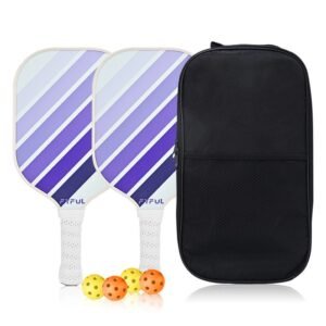 White + Blue + Purple Striped Fiberglass Pickleball Paddle Set – 2 Ultra Lightweight Pickleball Rackets + 4 Balls + Carry Bag for Outdoor Play – Large Sweet Spot, Shock-Absorbing Silicone Grip and TPU Edge Guard