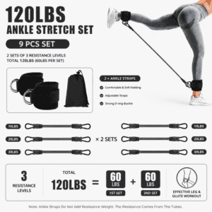 Black 120LBS Total Ankle Resistance Bands Training Set with Cuffs and Carry Bag – Adjustable Leg and Glute Workout Trainer for Yoga Fitness Speed Agility Strength Training 9 Piece Kit