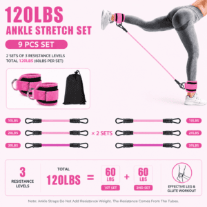 Pink 120LBS Total Ankle Resistance Bands Training Set with Cuffs and Carry Bag – Adjustable Leg and Glute Workout Trainer for Yoga Fitness Speed Agility Strength Training 9 Piece Kit