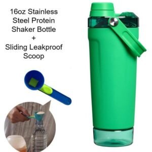 Green Sports Nutritional Drinkware Set with 16oz Stainless Steel Protein Shaker Bottle and Sliding Anti-spill Scoop – Vacuum Insulated Gym Flask with Detachable Bottom Storage Capsule and Quick-Open Lid, Filter Net & Portable Handle for Gym and Outdoor Wo