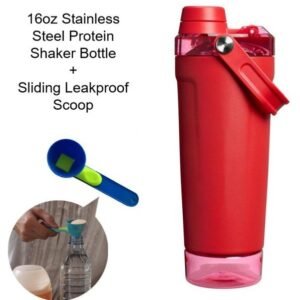 Red Sports Nutritional Drinkware Set with 16oz Stainless Steel Protein Shaker Bottle and Sliding Anti-spill Scoop – Vacuum Insulated Gym Flask with Detachable Bottom Storage Capsule and Quick-Open Lid, Filter Net & Portable Handle for Gym and Outdoor Wo