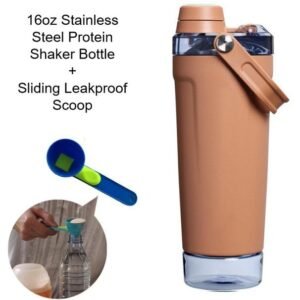 Coffee Sports Nutritional Drinkware Set with 16oz Stainless Steel Protein Shaker Bottle and Sliding Anti-spill Scoop – Vacuum Insulated Gym Flask with Detachable Bottom Storage Capsule and Quick-Open Lid, Filter Net & Portable Handle for Gym and Outdoor W