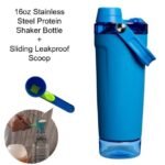 Blue Sports Nutritional Drinkware Set with 16oz Stainless Steel Protein Shaker Bottle and Sliding Anti-spill Scoop – Vacuum Insulated Gym Flask with Detachable Bottom Storage Capsule and Quick-Open Lid, Filter Net & Portable Handle for Gym and Outdoor Wo