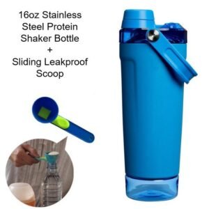 Blue Sports Nutritional Drinkware Set with 16oz Stainless Steel Protein Shaker Bottle and Sliding Anti-spill Scoop – Vacuum Insulated Gym Flask with Detachable Bottom Storage Capsule and Quick-Open Lid, Filter Net & Portable Handle for Gym and Outdoor Wo